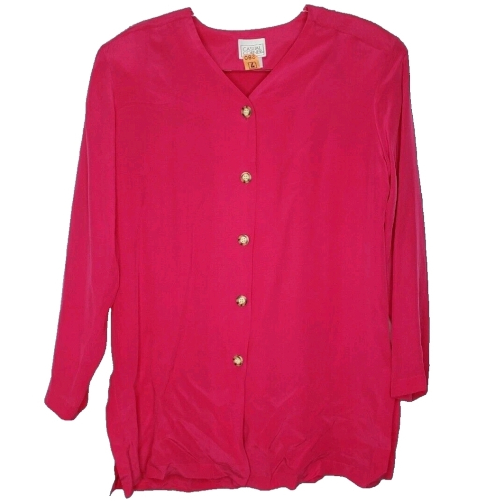 Vintage Casual Corner Silk Blouse Size S Oversized Buttons Long Sleeve Pink